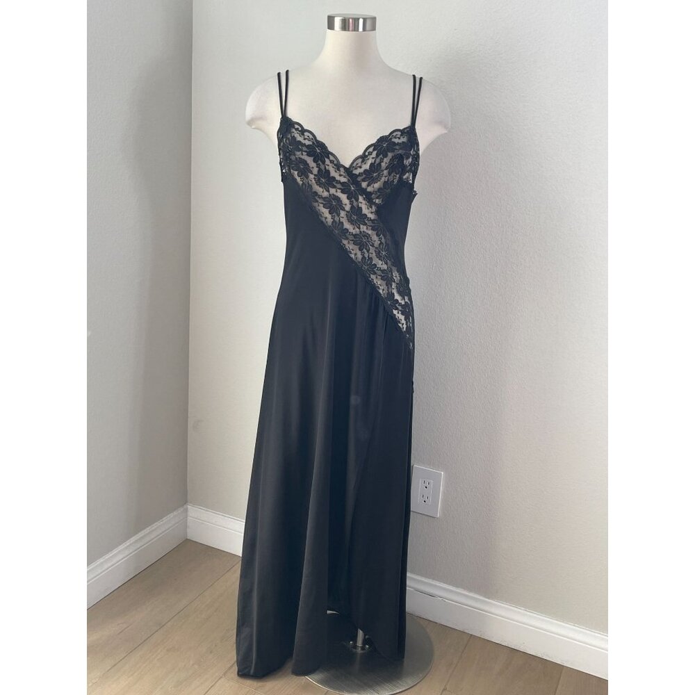 Vintage Womens Medium Black Sheer Lace Maxi Slip Dress‎ High Slit Nightgown